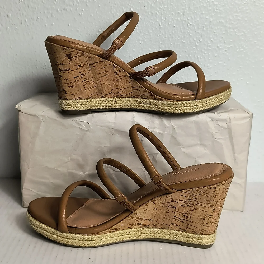Crevo Monica Size 6 Dark Tan Wedges Cork Sandals Shoes Natural Cork/Jute Rope